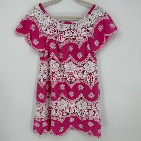 ASOS Off Shoulder Mini Dress 4 Embroidered Floral Crochet Lace Boho Hot Pink - Picture 1 of 11